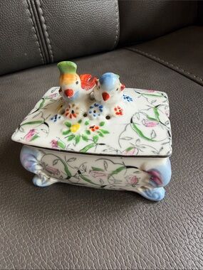 Ceramic Bird Trinket Box with Floral Design